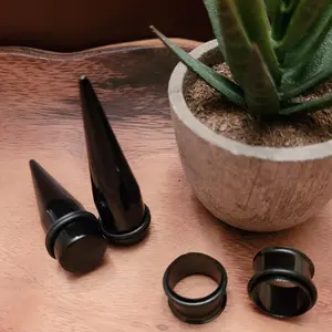Pair Black Tapers and Titanium Tunnels Single Flare Ear Stretching Kit gauges plugs 1g 0g 00g 1/2 9/16 5/8 3/4 7/8 1 inch 25mm 22m 19mm 7mm