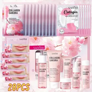 Cherry Blossom Facial Care 28-Piece Set, contains collagen for deep hydration, smooths and firms skin; suitable for daily and travel skincare; includes toner, mask, lip mask, eye mask, and face cream; skincare set—an ideal gift.