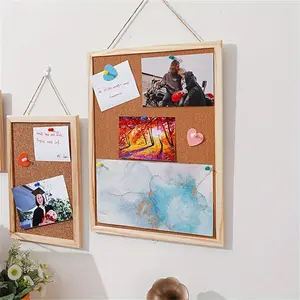 Multifunctional Oak Color Wooden Cork Board, Wall-Mounted Message Board, Photo Wall, Office Home School Decor, Includes Nails Hooks Rope Screws