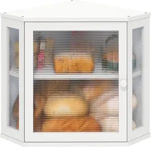 Corner Bread Box for Kitchen Counter, White Bamboo Wood Bread Box, Large Capacity Bread Storage Bin with Acrylic Wavy Door Panel