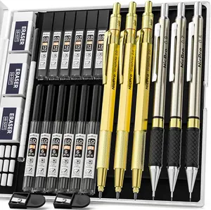 Gold Art Mechanical Pencils Set, Metal Drafting Pencil 0.5, 0.7, 0.9mm & 2mm Lead Holder(2B HB 2H) For Sketching Drawing With Lead Refills Case