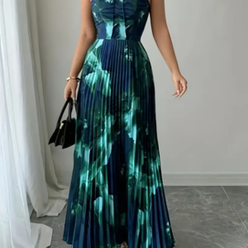 Tech Print Bustier Pleated Dress, Waist-Cinch Design, Vintage Print, Elegant Style, Perfect for Formal Occasions, All Seasons Wear, Strapless Sleeveless Dress