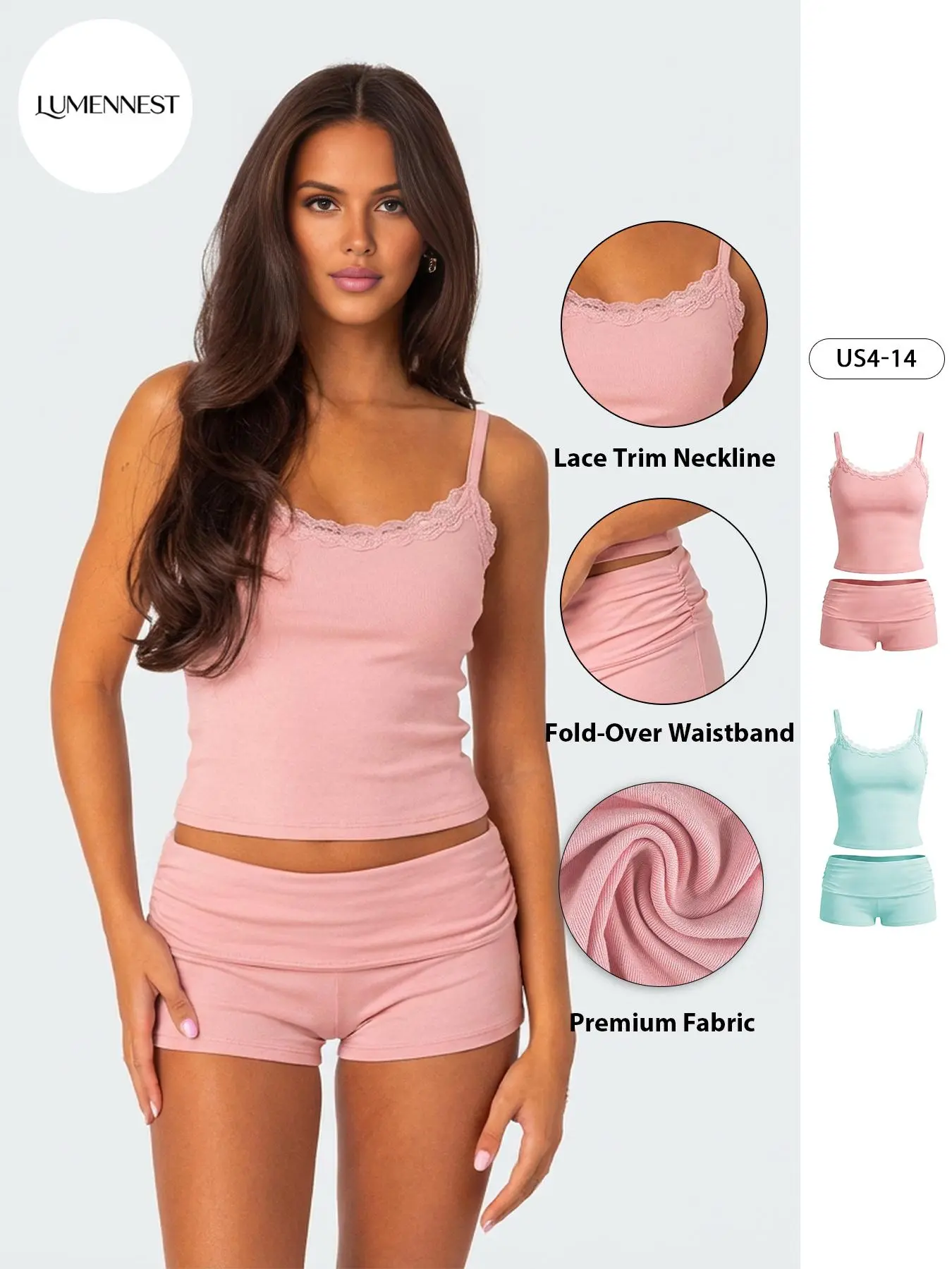 LUMENNEST Women's Minimalist Thin Strap Solid Color Lace Trim Camisole & Folded Waist Shorts Co-ord, Basic Top & Stretch Shorts Ribbed Two Piece Outfits