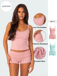 LUMENNEST Women's Minimalist Thin Strap Solid Color Lace Trim Camisole & Folded Waist Shorts Co-ord, Basic Top & Stretch Shorts Ribbed Two Piece Outfits