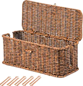 BROWNLILY Cable Management Box, Rattan Style Cord Organizer for Desk Cord Hider Outlet Covers Baby Proofing for Power Strip TV PC Router Charger Under Desk Storage with Lockable Lid and Cable Ties