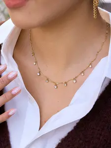 Ladies' Classic White Round Zircon Necklace, 18K Plated Stainless Steel Stacked Necklace, Exquisite Jewelry Gift, Perfect Gift for Women