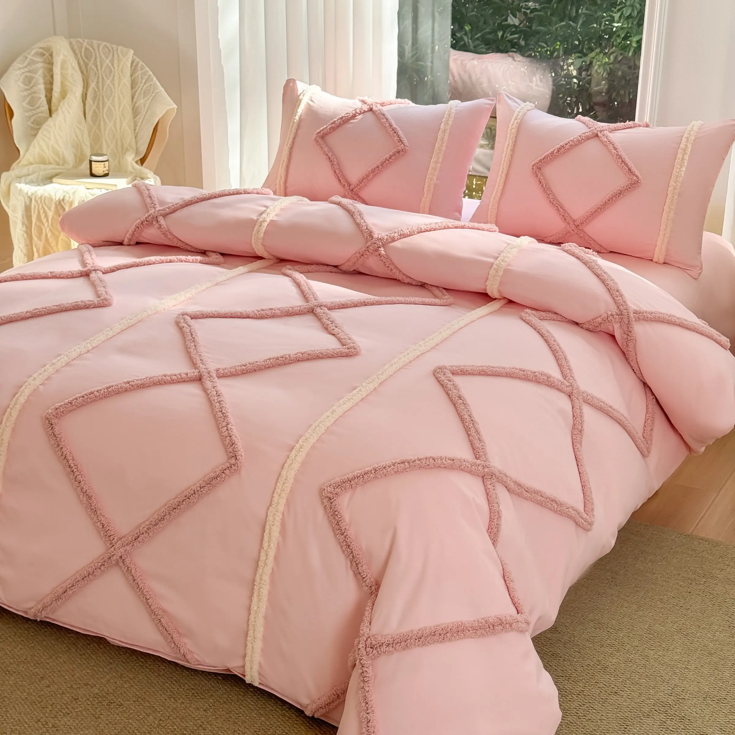 Bohemian style Duvet Cover Set, Boho Tufted Comforter Sets with Zipper Closure, Including1 Duvet Cover & 1/2 Pillowcase without Filler, Soft Comfortable Bedding Set for Home Bedroom
