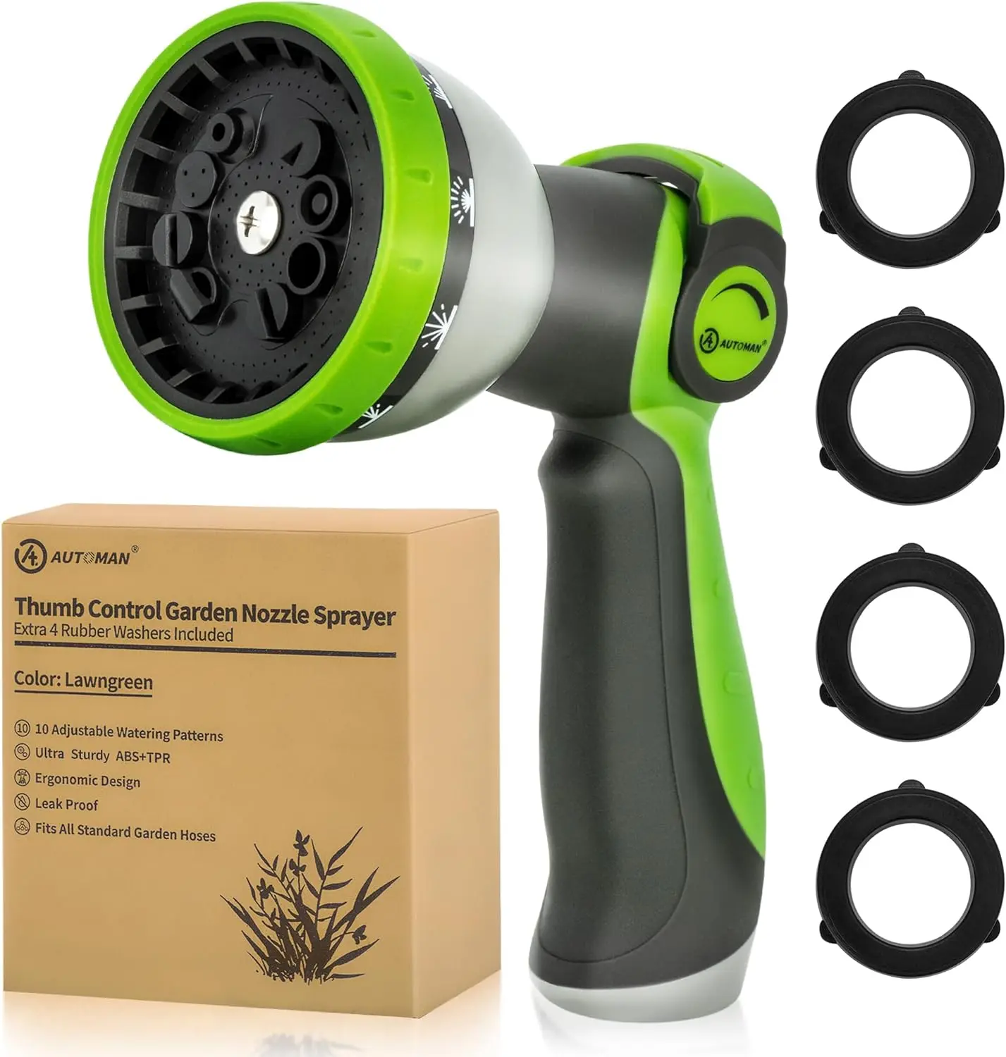 AUTOMAN Garden Nozzle Sprayer - 1 Pack, 10 Adjustable Watering Patterns, Thumb Control On-Off Valve, Durable, Ergonomic Design, Extra 4 Rubber Washers, Standard GHT, for Garden Watering, Deck or Floor Cleaning