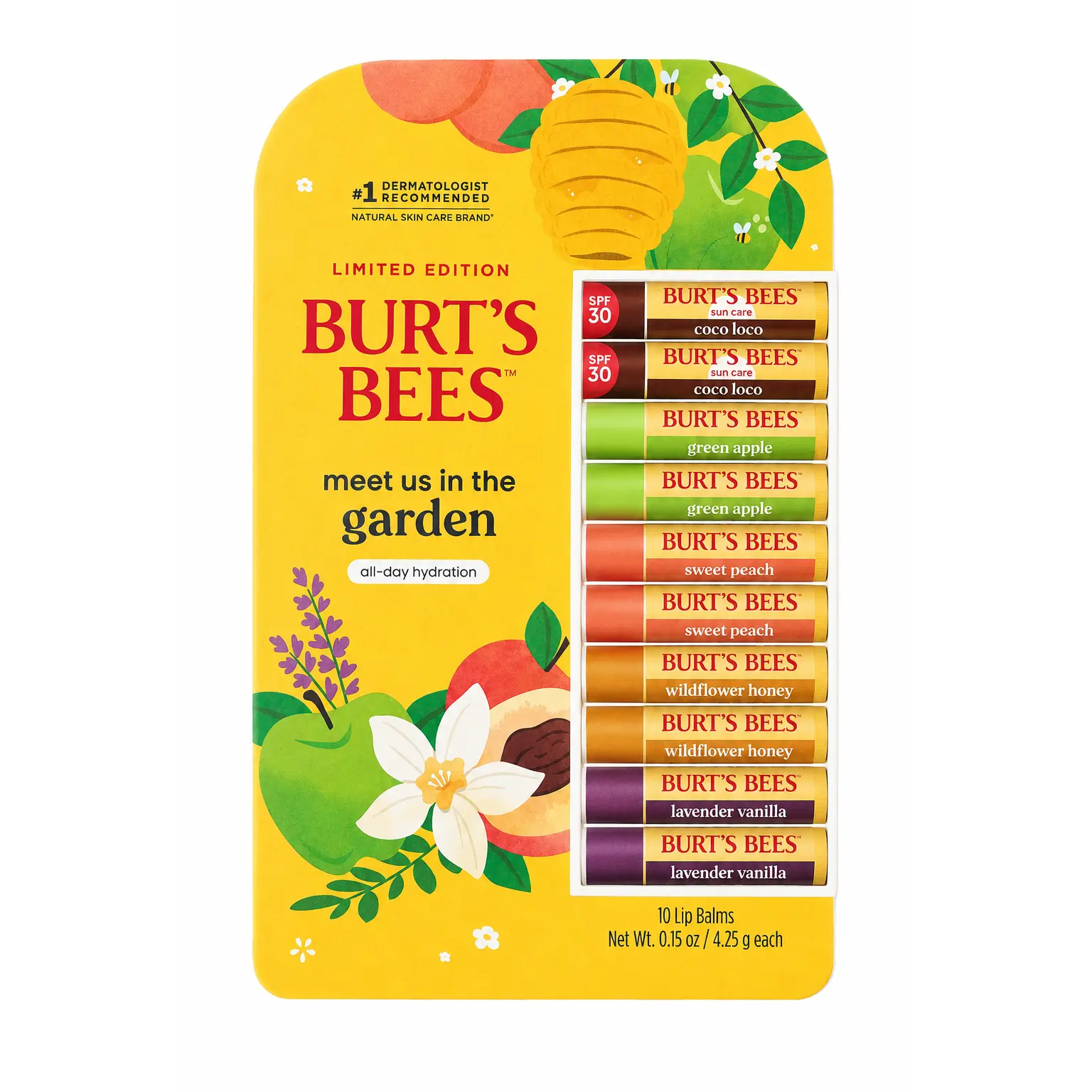 Burt's Bees Meet Us in the Garden Lip Balm Variety Pack, 10 Count, Coco Loco SPF 30, Green Apple, Sweet Peach, Wildflower Honey & Lavender Vanilla