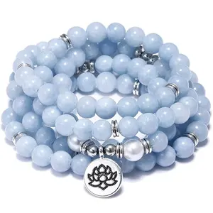 Genuine Natural Stone 108 Mala Beads Prayer Bracelet Necklace Unisex| Handmade Aquamarine Tiger Eye Amazonite Lotus Evil Eye| Meditation Yoga Spiritual Healing Charms for Bracelets Gift for Men Women