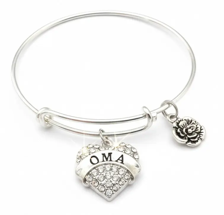 Oma Bracelet Gift, Crystal Heart Charm Bracelet for Grandmother, Adjustable Silver Bangle Jewelry
