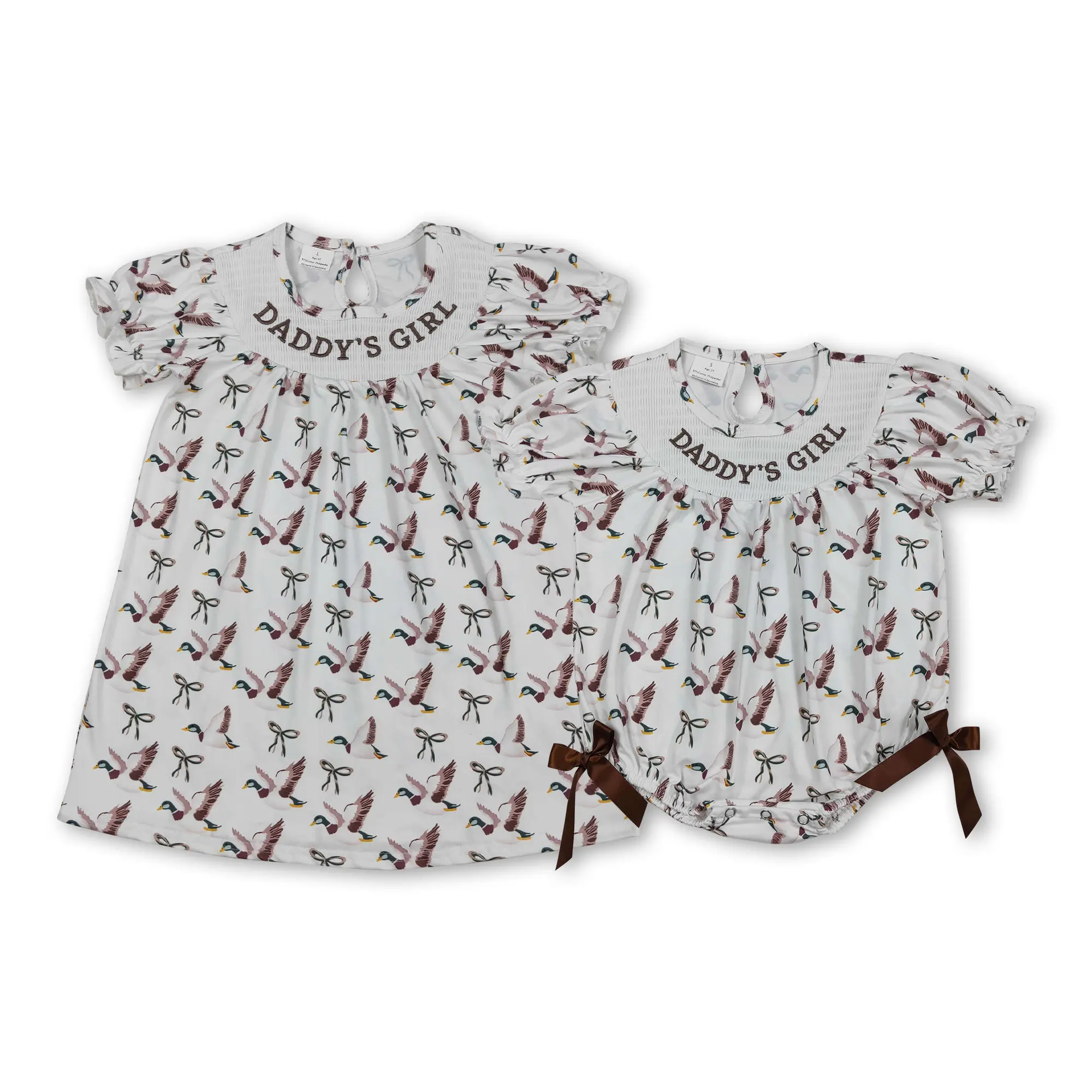 Girls' Summer Smocked Mallards Duck Bow Floral Print Dress, Kids' Hunting-Themed Casual Dress, Kid Size Casual Dresses