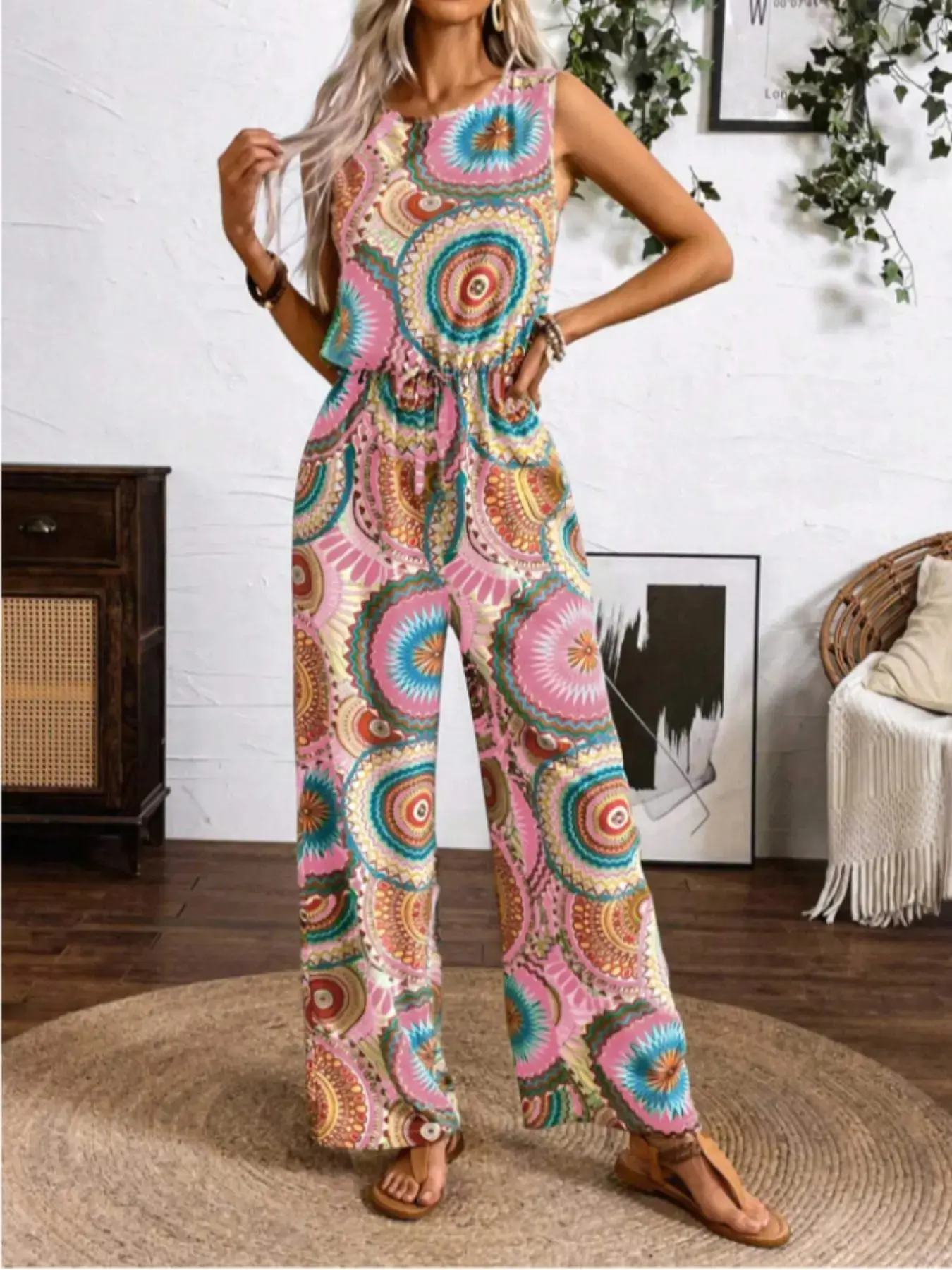 Women's Bohemian Boho Vintage Print Jumpsuit, Sleeveless High Waist Wide Leg, Mandala Geometric Pattern, Casual Chic Summer Beachwear