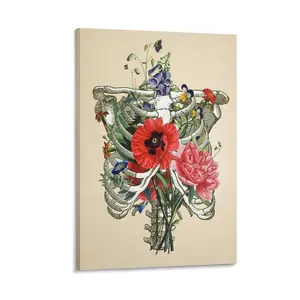 Rib Cage & Vintage Collage - Antique Human Anatomy Chart with Victorian Bouquet & Plants, Wall Art for Kitchen And Dining Room, Unique Home Decor Canvas Poster Bedroom Decor Office Room Decor Gift Frames Ornaments Artistic Photo Decoration Print