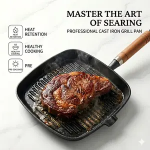 14.8" Digital Pre-Seasoned Cast Iron Square Grill Pan with Wooden Handle, Non-Stick Griddle & Pour Spout. Ideal for steak, bacon, BBQ, indoor & outdoor use. Compatible with all stovetops. Lightweight 3.1lbs design, also works with air fryer.