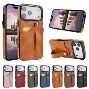 Wristband Leather Hidden Card Pocket Phone Case, compatible with iPhone 17 Pro Max, 16E, 15 Pro, 14 Plus, 13 Mini, 12, 11 and Air. It supports card and cash storage, features drop-proof protection, durable shielding and a firm grip design.