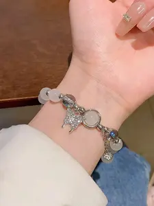 【1pcs】Whimsical Feline Glass Cat Eye Stone Beaded Charm Bracelet - Delicate Butterfly Accent, Dainty Wrist Adornment, Perfect Gift for Cat Lovers and Fashionistas