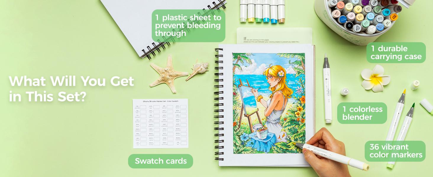 Ohuhu Alcohol Brush Markers: Supreme Brush& Chisel Dual Tips - 36 colors - Alcohol-based Art Marker Set for Artist Adult Coloring Book Illustrations- Refillable - Honolulu Plus Series of Ohuhuart