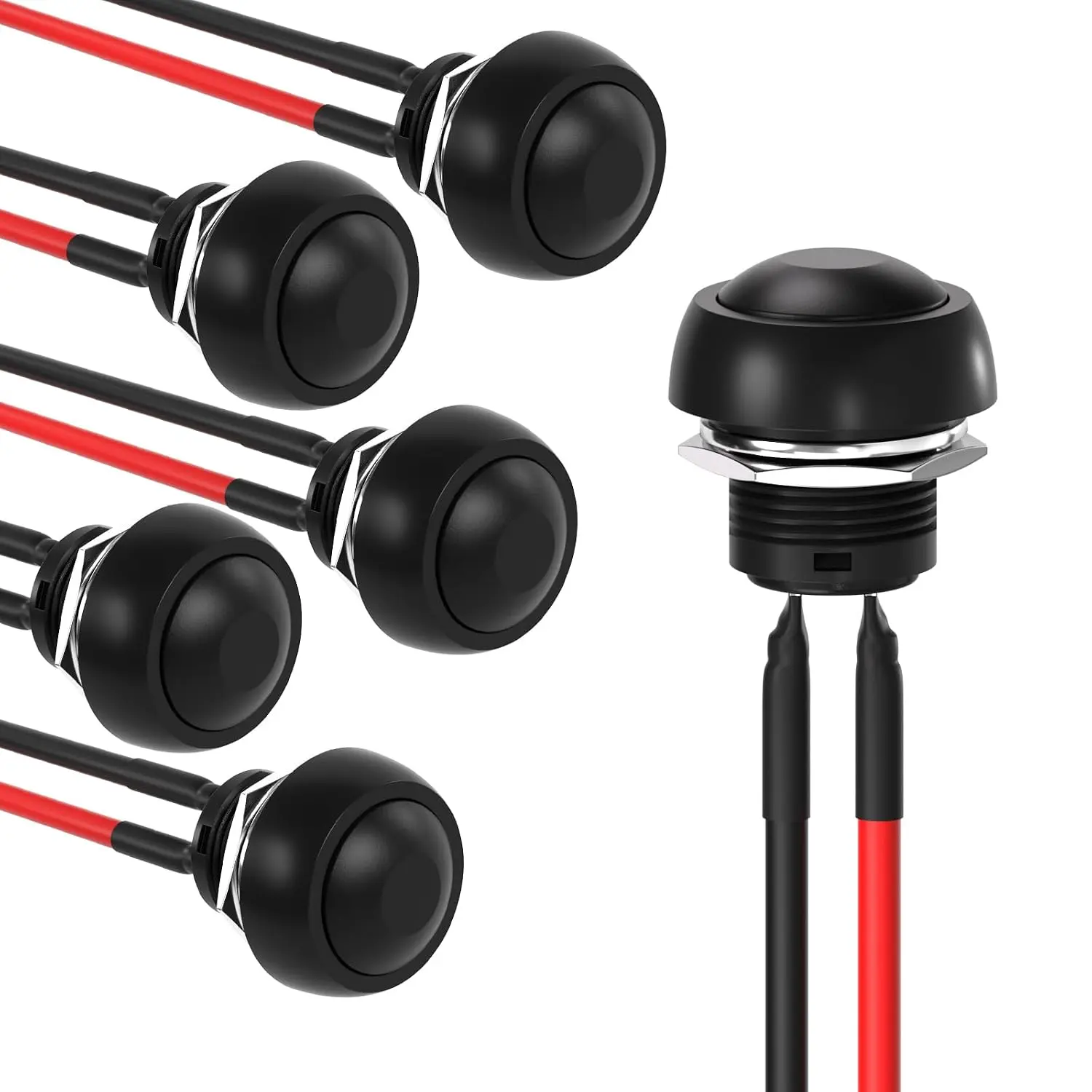 6Pcs Black 12mm Stainless Steel Momentary Plain Pressable Industrial Push Button Switches, Mini Round Waterproof 1A 250V AC SPST NO 2-Pin PBS-33B with Pre-Soldered Wire (On/Off Control, Outdoor Safe for Industrial Users)