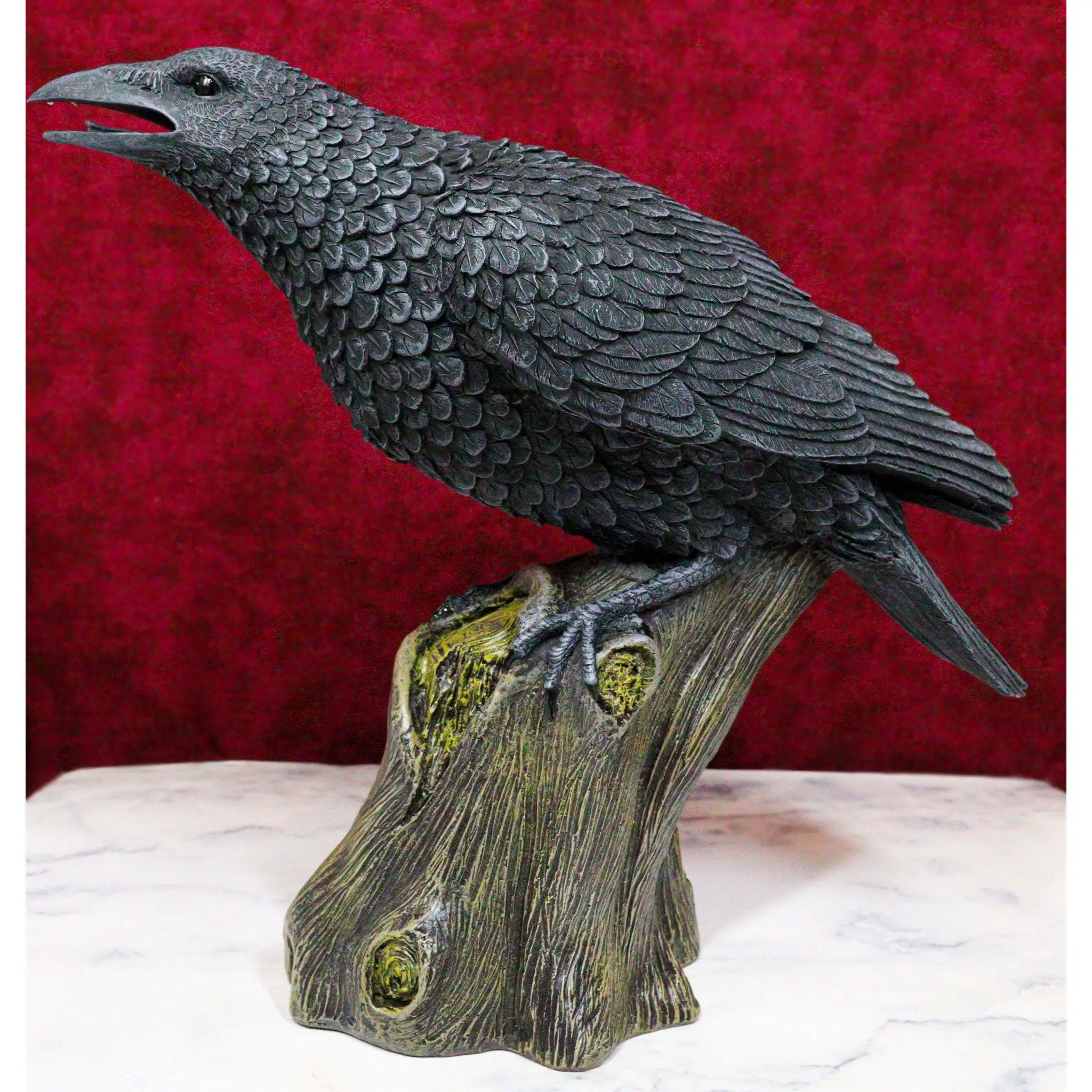 Ebros 14" Long Gothic Raven Crow Perching On Tree Stump Sculpture - Home Decoration Collectible, Room Decor Statue, Decoration Ornaments for Home Supplies