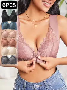 Six-Piece Women's No-Wire Front-Closure Bras, Chic Elegant Sexy Front-Closure Design, Wide Shoulder Straps, Breathable One-Piece Closure Bra