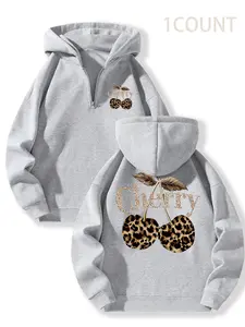 Women's Leopard Cherry Print Hoodie, Cute Animal Sweatshirt, Casual Fitted Design, Fall & Winter Wear, Half-Zipper Fashion Sweatshirt, Thickened Fabric