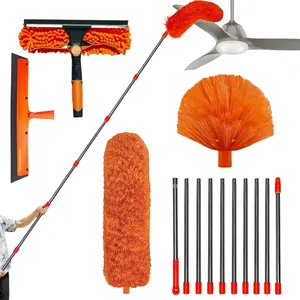 20 Ft High Reach Cleaning Tool Kit - Window Washer & Squeegee, Microfiber Feather Ceiling Fan Duster & Cobweb Duster with 3-14 ft Spliceable Pole Duster for Cleaning Fan, Spider Web, Ceiling, Blinds, Furniture Clean