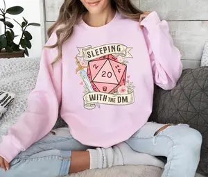 SLEEPING with the DUNGEON MASTER T-Shirt Sweatshirt for Women - Pink Cotton Hoodie with D20 Design, Casual Style, Ideal for Dungeons and Dragons Fans