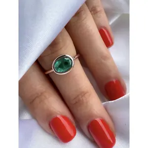 Bezel Setting Oval Cut Natural Colombian Emerald Solitaire Ring in Solid Gold