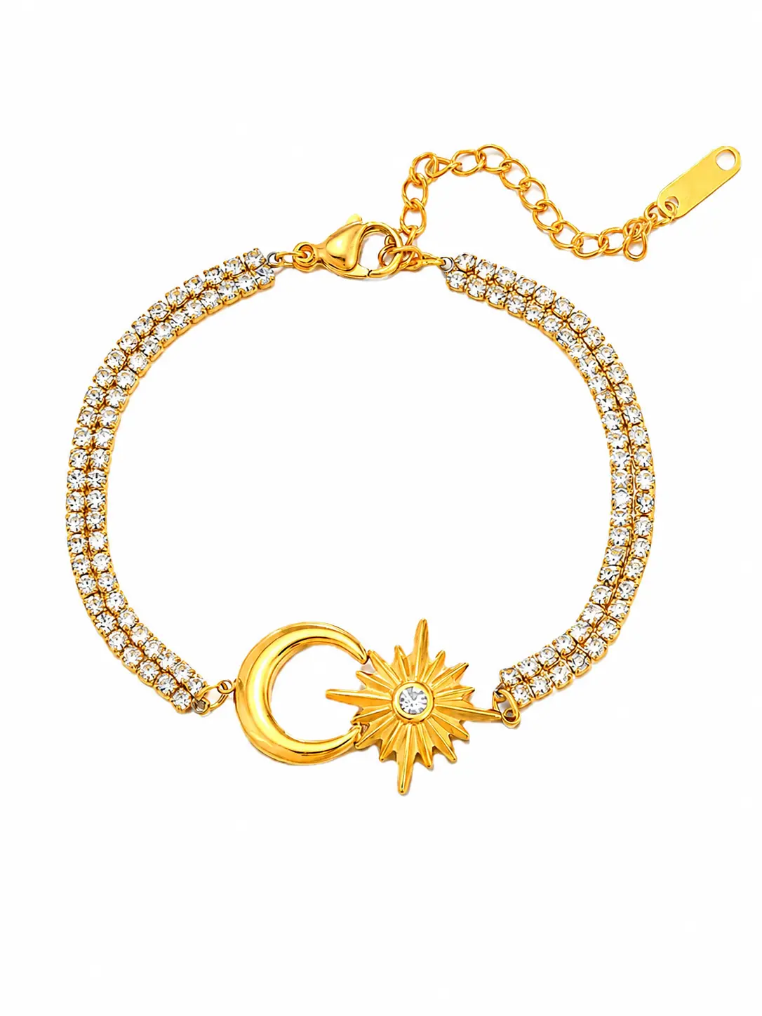Gold-Tone Sun & Moon Rhinestone Bracelet for Women, Double-Row Sparkling Celestial Bracelet with Adjustable Extension Chain, Statement Jewelry Gift