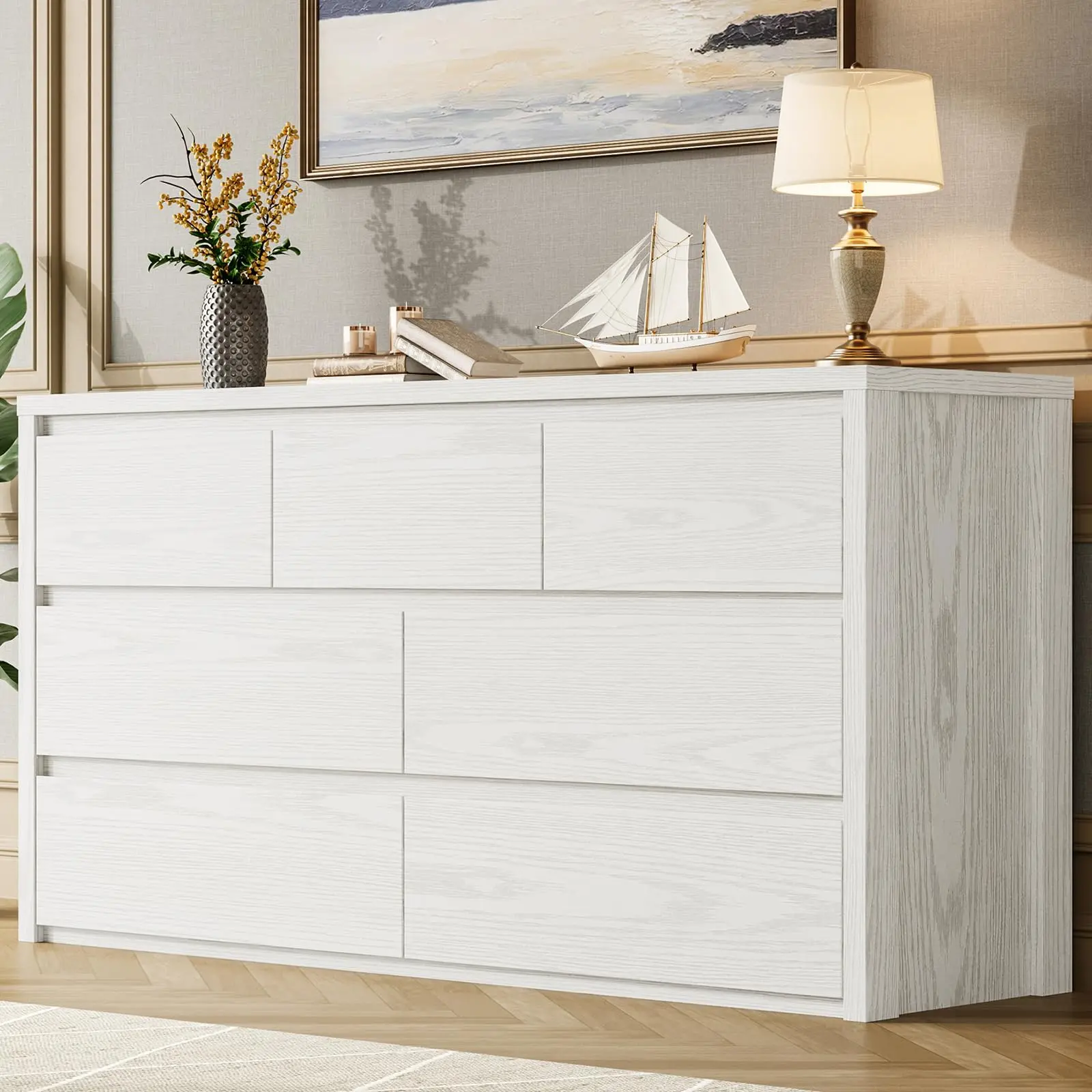 7 Drawer Dresser for Bedroom, Wide Wood Chest of Drawers Handle Free, Large Modern Dresser Storage Cabinet for Living Room, Hallway Entryway