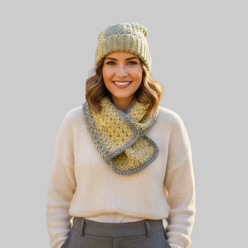 Handmade Knit Hat and Scarf Set, Slouchy Beanie & Oversize Keyhole Scarf in Chunky Merino-Blend, Relaxed Fit Cold Weather Wear, Small Batch
