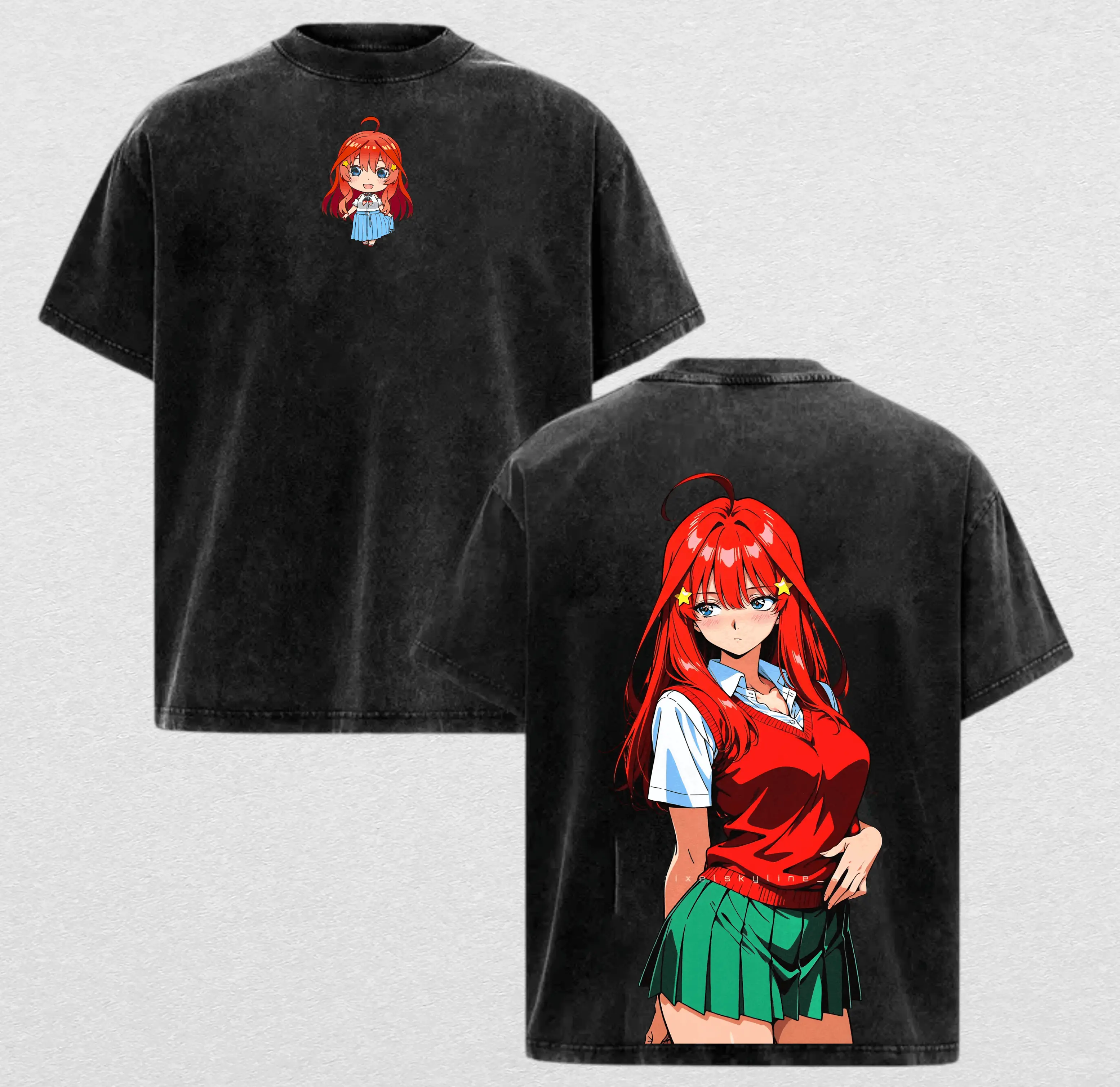 Itsuki Nakano Quintessential Quintuplets Anime Washed T-Shirt Vintage Heavyweight Cotton Streetwear Graphic Tee Oversized Drop Shoulder Shirt Aesthetic Otaku Gift