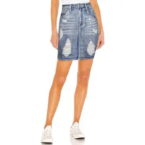 LEVEN SIXTEEN Women's Stretch Pencil Skirt with Pockets - Destructed Denim A-Line & Mini Skirt Styles Potassium a Potassium a 12
