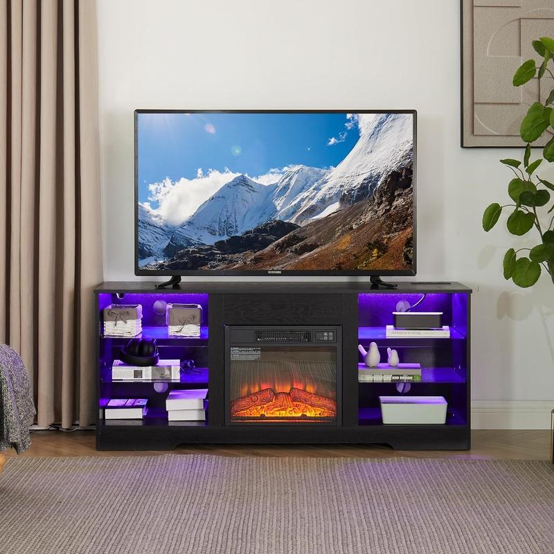 TV Stand Electric Fireplace TV Stand with Glass Shelves, 3D Fireplace TV Stand with LED Lights Wood with USB Charging Outlet Modern Television Table Center for TV up to 32-62" (White)