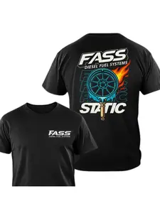 FASS Turbo Diesel Fuel Systems Double-Sided Print T-Shirtfeaturing a striking blue wheel and flame graphic on the back, it embodies a bold, modern, Casual street style. This trendy streetwear is designed specifically for diesel enthusiasts and makes an