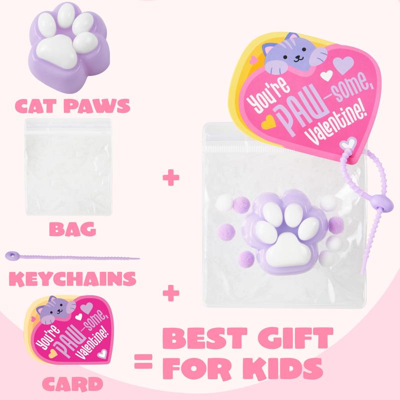 JOYIN Valentine's Day 2" Cat Paw Fidget Toys 24 PCS with Cards Mochi Toys for School Classroom Exchange Gifts Party Favors Stress Balls Keychain for Kids Boys Girls