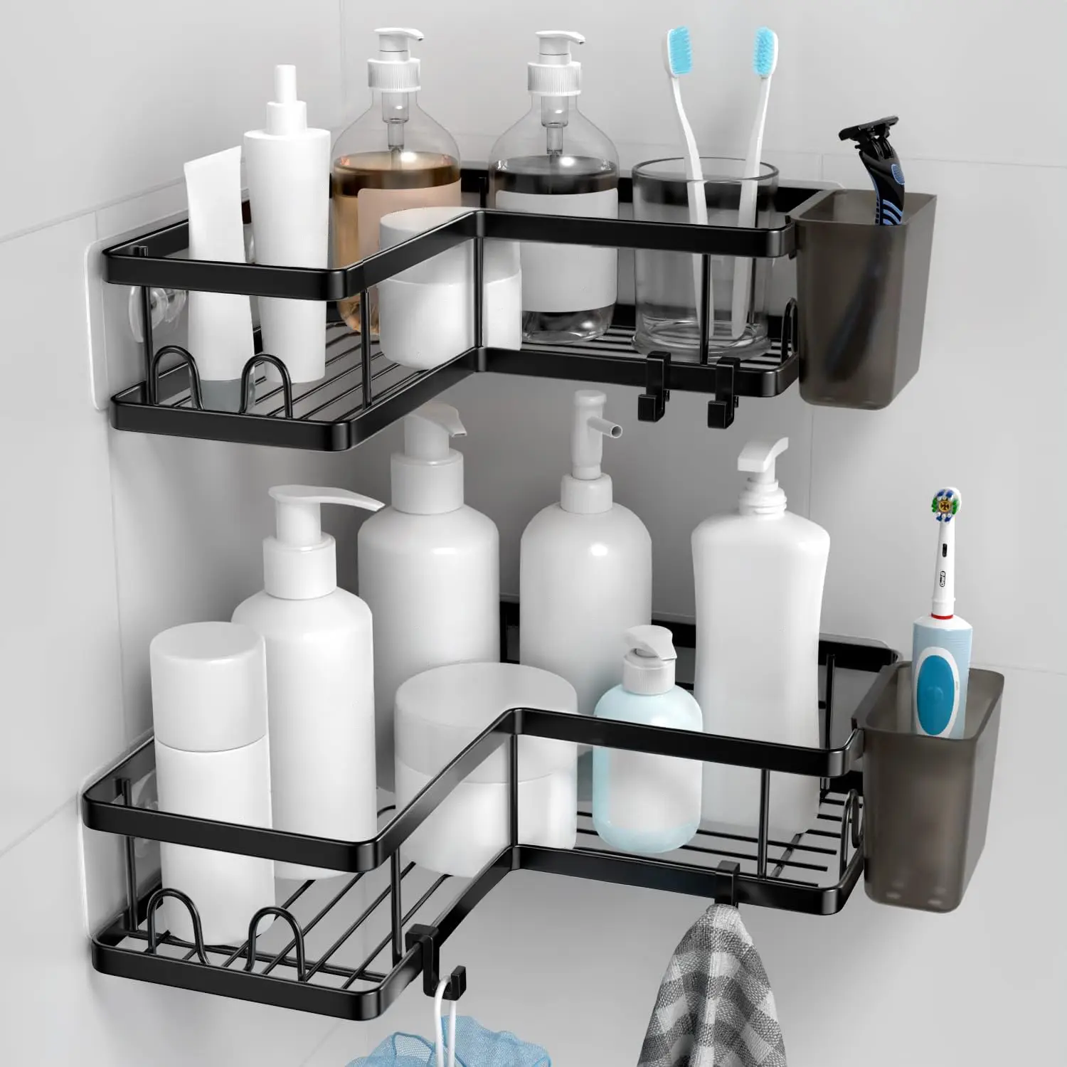 Shower Corner Caddy Shelf 2 Pack, No Drill Adhesive Wall Mounted Organizer, Stainless Steel Bathroom Storage Rack with Hooks & Toothpaste Holder for Kitchen (Only for 90° Corners)