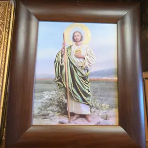 San Judas Framed Religious Art Print with Golden Halo and Green Robe for Home Decor