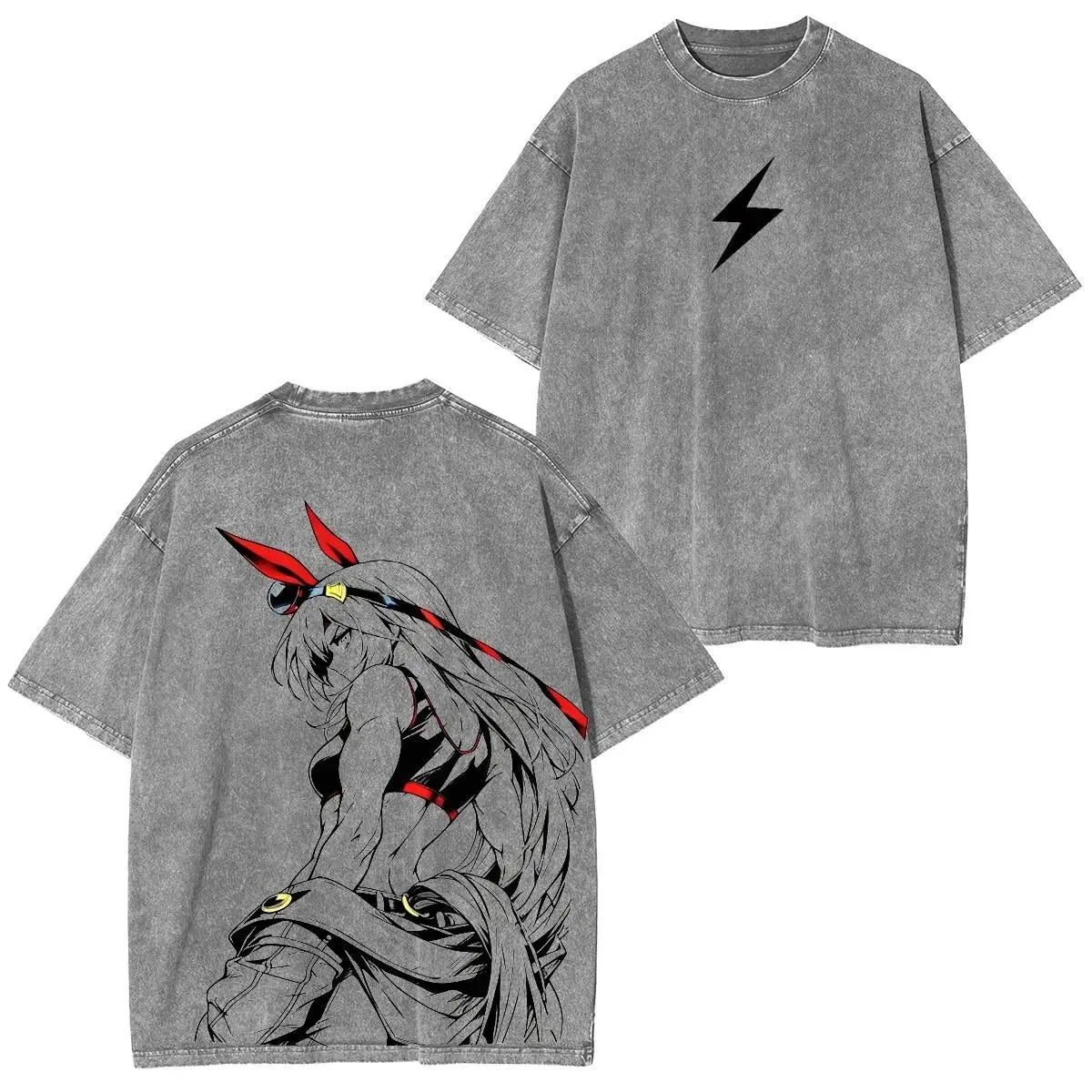 Menswear Vintage Washed Graphic T-shirt - Men's Short-Sleeve Round Neck Casual Top with Uma Musume Cinderella Gray Distressed Print, Festive, Shortsleeve, Distressed Look, Figure Print, Fitted Cut, Crew Neck, All Seasons, Casual Crew Neck, Tshirt