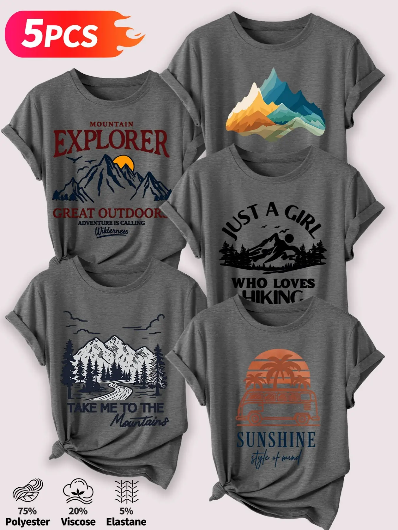 5Pcs Women's Crew Neck T-Shirt, Fitted, Casual, Outdoor Hiking Camping Slogan Print, Multiple Colors Available, Machine Washable, Spring & Summer Tops, Soft Skin-Friendly Fabric, Daily Versatile, Fashion Design