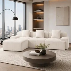 Vomena 118-inch Modern L-Shaped Modular Sofa Set, Beige Corduroy Cloud Sofa, Extra-Large Deep-Seat Three-Seater Frameless Sofa, No Assembly Required, Ideal for Living Rooms, Apartments, and Bedrooms