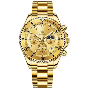 OLEVS Men's Gold Watch 42.5mm Large Dial Stainless Steel Classic Business Analog Quartz Luminous Waterproof Multifunction Date Display Diamond Cut Glass