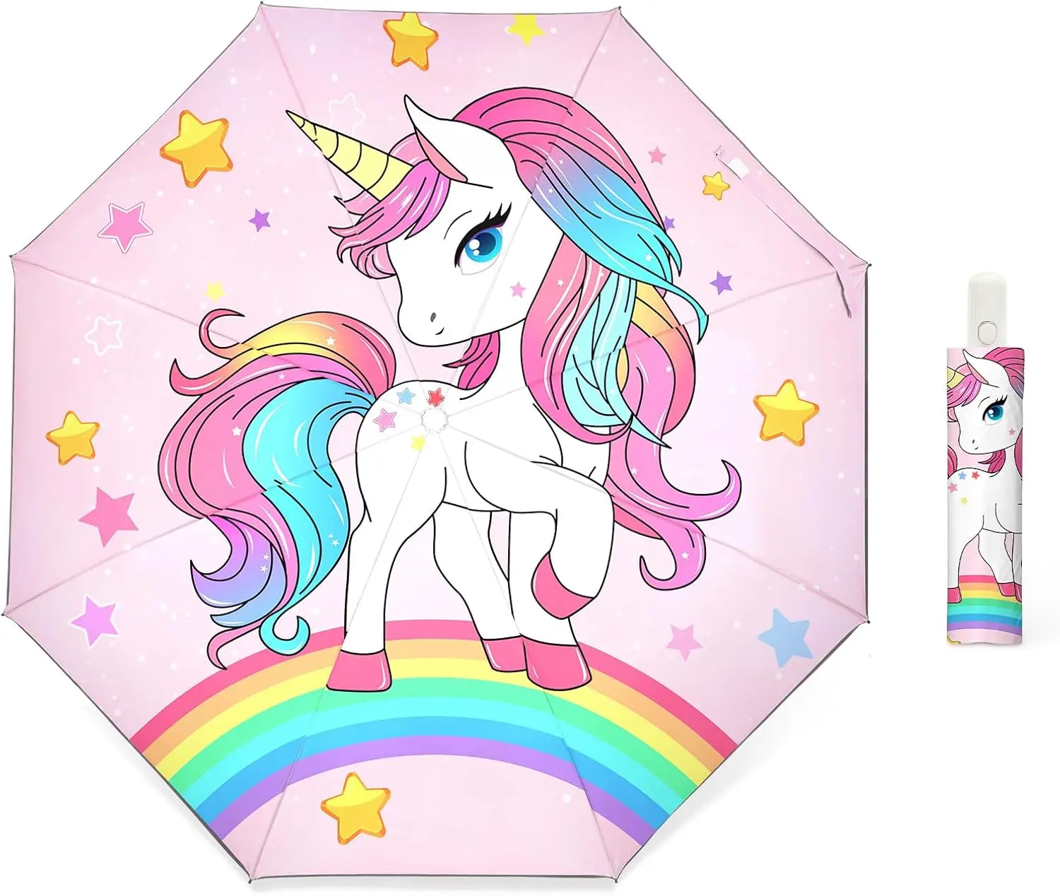 Automatic Unicorn Child Mini Portable UV Protection Umbrella - 360° Reflective Strip, Lightweight Anti-Rebound Safe Toddler Parasol for Travel Outdoor