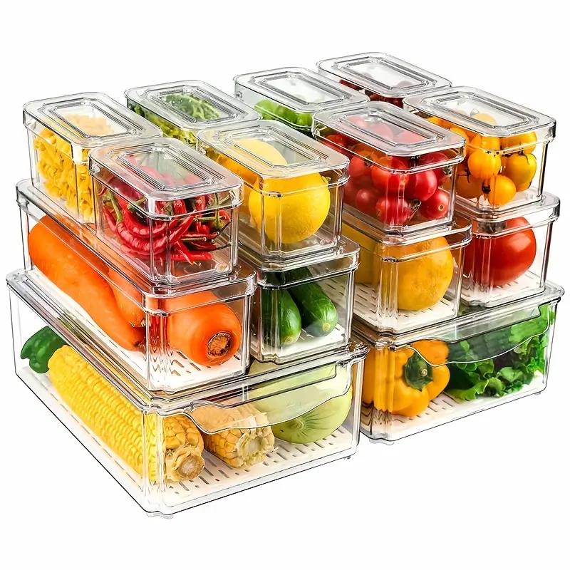 14pcs Food Organizers, Stackable & Reusable Fresh Food Boxes, Stackable Refrigerator Organizer Bins with Lids, Clear Fridge Organizers And Storage for Kitchen, Countertops, Cabinets, Fridge, Fruits, Vegetable, Cereals