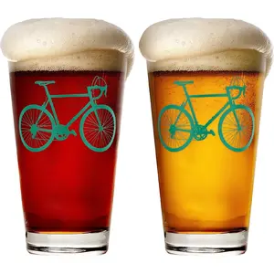 -   Glasses (Set of 2) |16 oz Drinkware with Colorful Cyclist Designs |  Decorative Glassware |  Gifts for Cyclists &  Riders [Green]