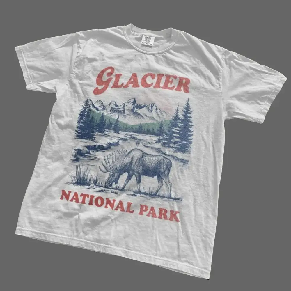 Comfort Colors Vintage Glacier National Park TShirt, Retro Moose Wilderness Graphic Tee, Nature Adventure T-Shirt, Mountain Wildlife Gift
