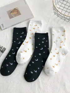 4pairs Simple Printed Star Moon Socks Comfortable, Breathable, Sports Versatile, Casual Socks Suitable for Women's Daily Wear
