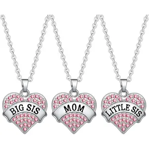 Big Sis Lil Sis Mom Crystal Heart Pendant Necklace Set Gift for Sister Mother's Day Gift Family JewelryValentine's Day gifts