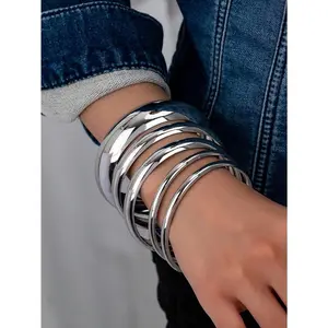 5 Pcs American European Minimalist Silver Color Multi Stacked Chunky Cuff Bangles Bracelets Set For Women